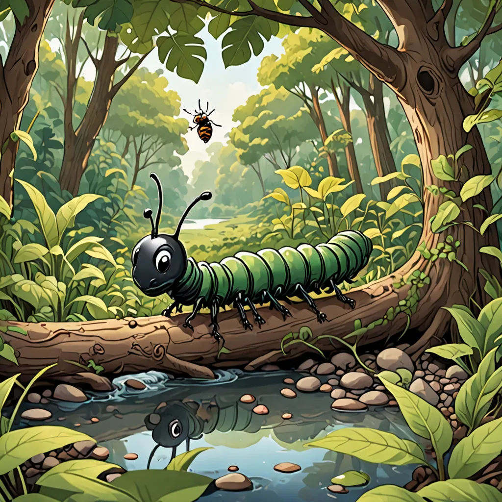 a bug crawling on a log in a forest with a bug hovering above it and a bug on a log in the foreground, ecological art, a storybook illustration, Chris LaBrooy, storybook illustration