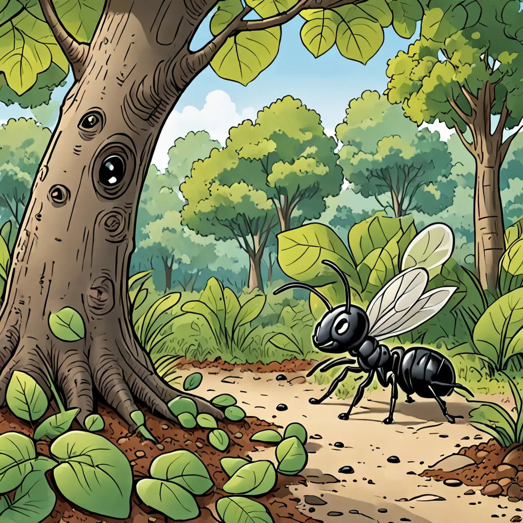 a cartoon of a bee walking through a forest with a tree and a bug in the foreground, and a bug in the background, fantasy art, a storybook illustration, Craola, storybook illustration