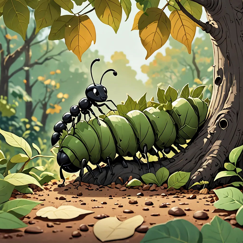 a very cute caterpillar crawling on a tree in the forest by itself with leaves around it and a lot of leaves around it, fantasy art, a storybook illustration, Chris LaBrooy, storybook illustration