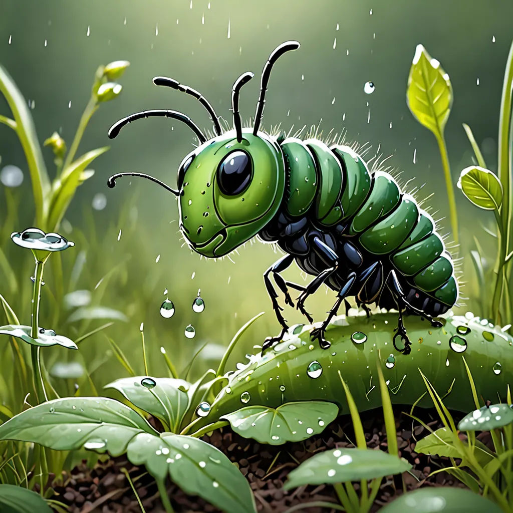 a green bug sitting on top of a green leaf covered ground next to water drops on the ground and grass, fantasy art, a digital painting, Chris LaBrooy, highly detailed digital painting