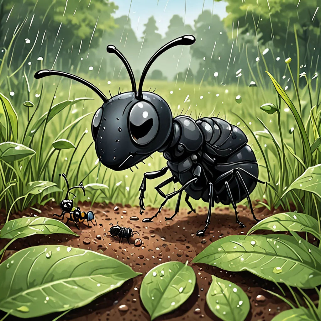 a bug crawling in the dirt near a plant with leaves on it and a rain drop falling on it, sots art, a storybook illustration, Ada Gladys Killins, detailed illustration