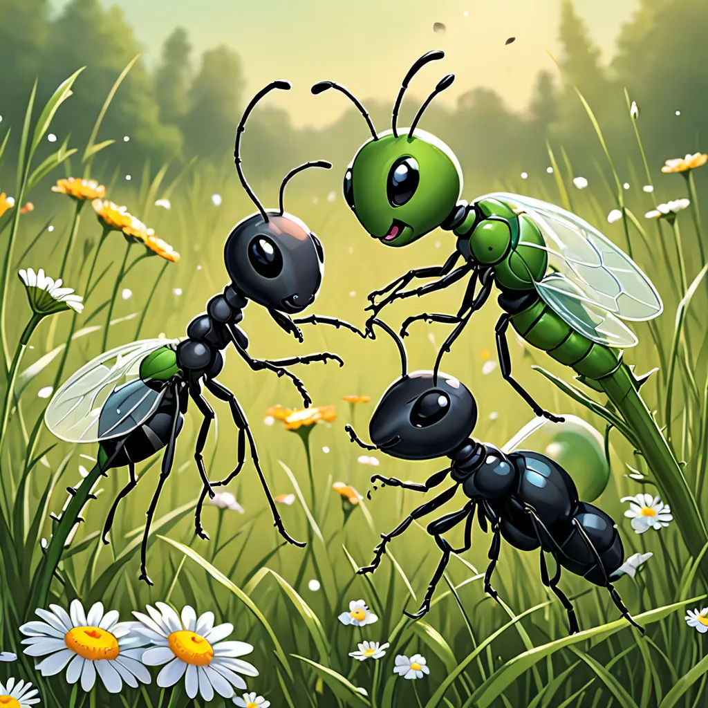 a group of ants playing in a field of flowers and daisies with a forest in the background with a sun shining, fantasy art, a detailed painting, Craola, game art