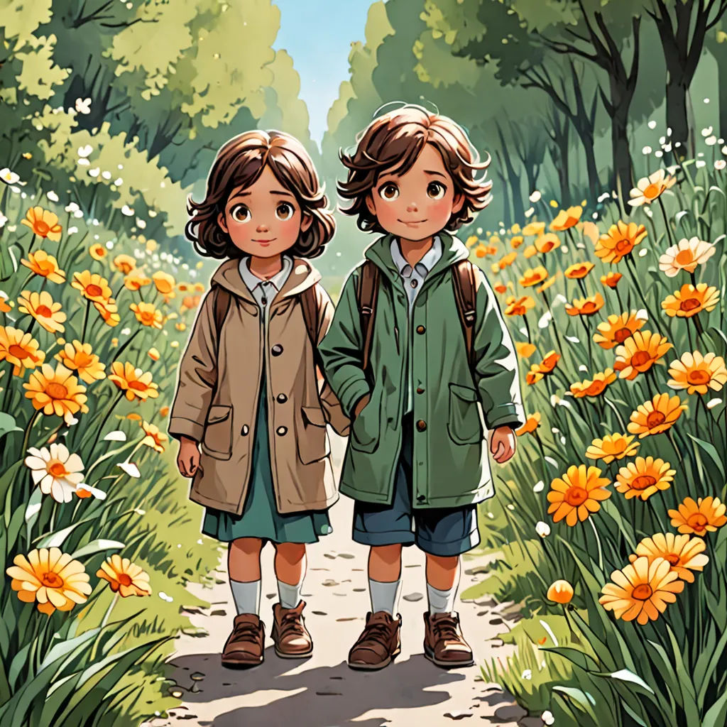 two children standing in a field of flowers with a dog in the background and a dog in the foreground, Brothers Hildebrandt, visual art, a comic book panel, cushart krenz
