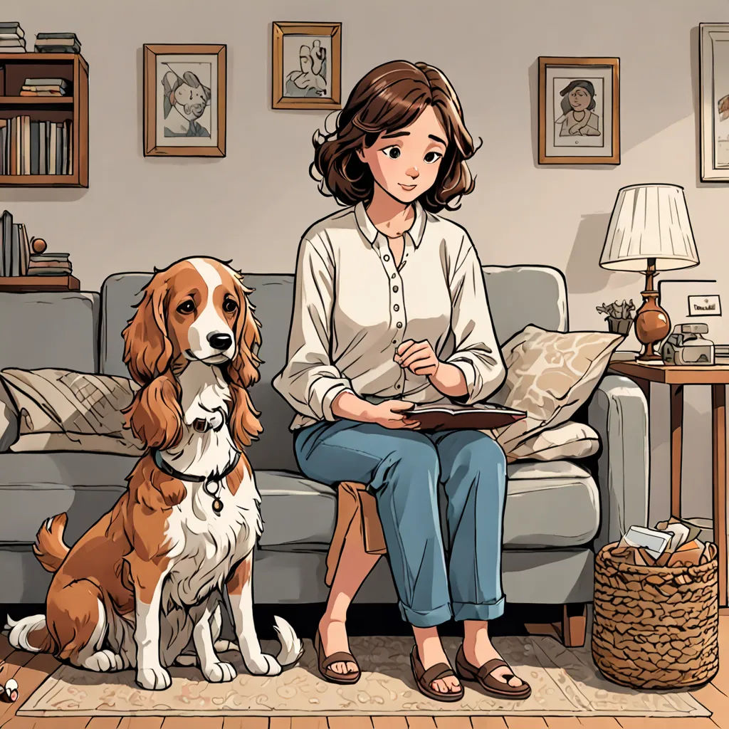 a woman sitting on a couch with a dog next to her and a basket of books on the floor, Diego Gisbert Llorens, art & language, a comic book panel, official art