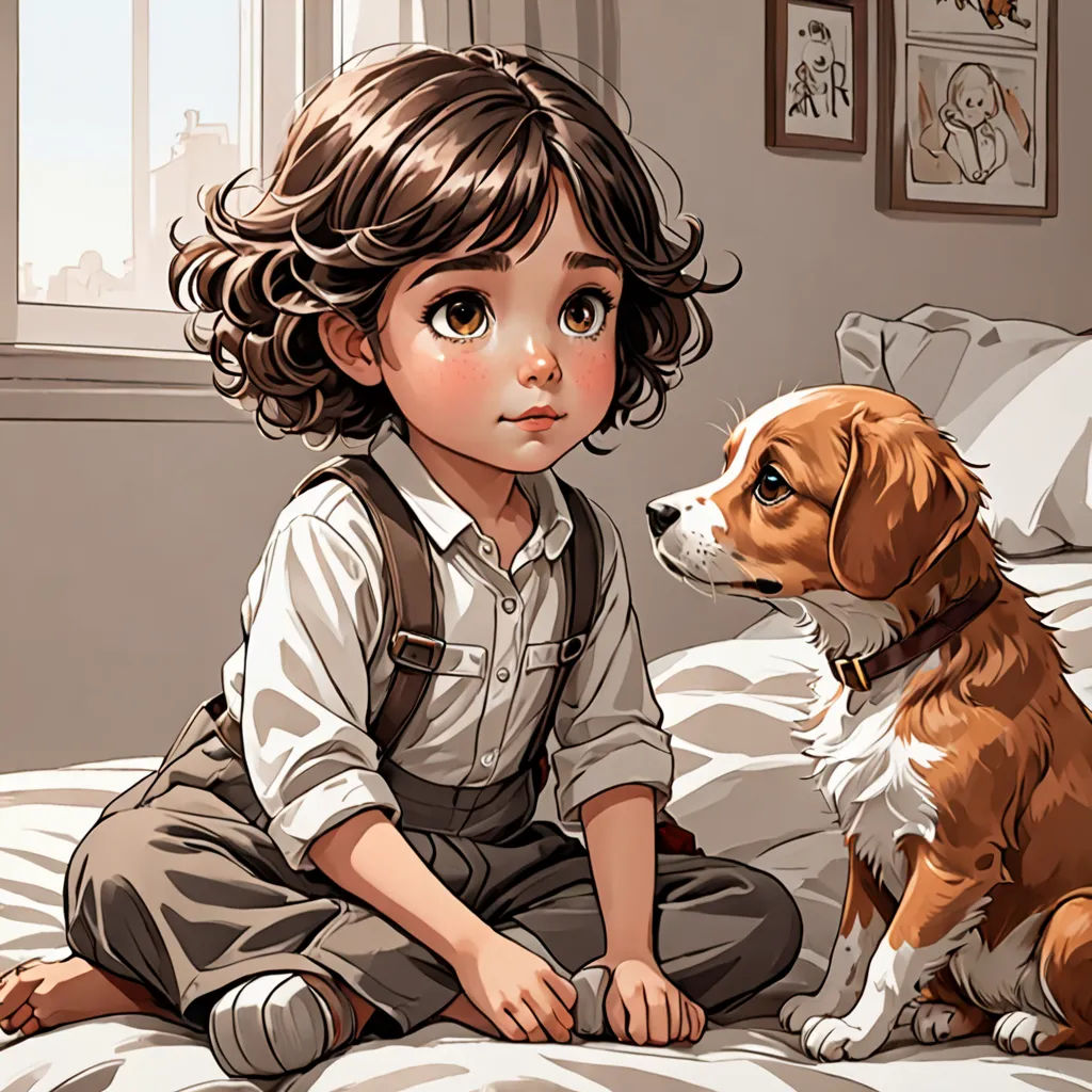 a little girl sitting on a bed next to a dog on a bed with a window behind her and a picture of a dog on the wall, Charlie Bowater, furry art, a storybook illustration, stanley artgerm lau