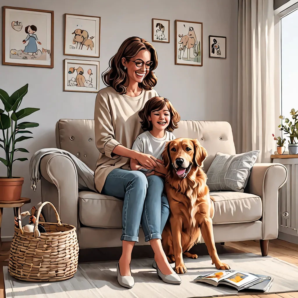 a woman and a child sitting on a couch with a dog in front of them and a dog on the floor, Elke Vogelsang, american scene painting, a storybook illustration, highly detailed digital painting
