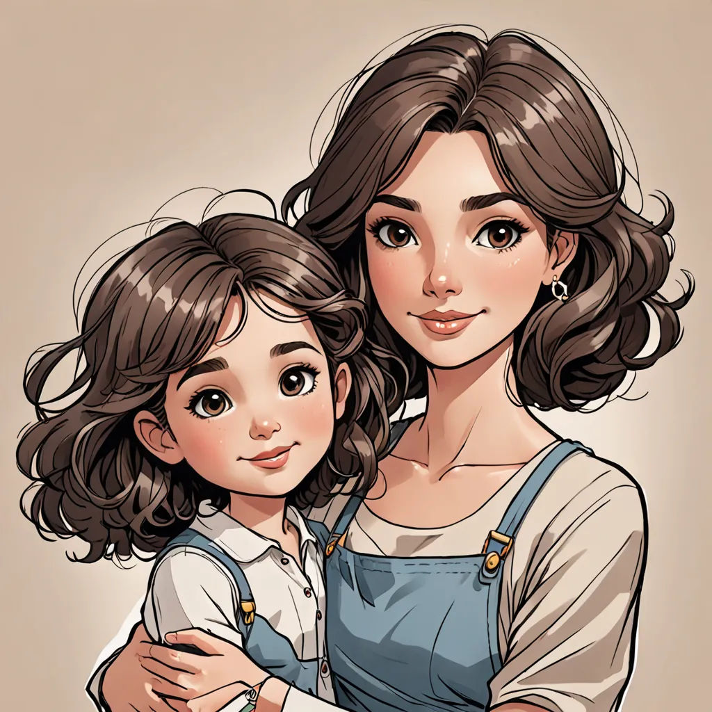 a woman holding a child in her arms with a brown background and a cartoon style of a woman holding a child, Artgerm, lyco art, a detailed drawing, anime art style