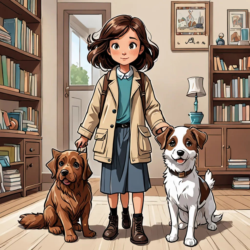 a girl standing next to two dogs in a room with bookshelves and a lamp on the wall, Clarice Beckett, furry art, a storybook illustration, official art