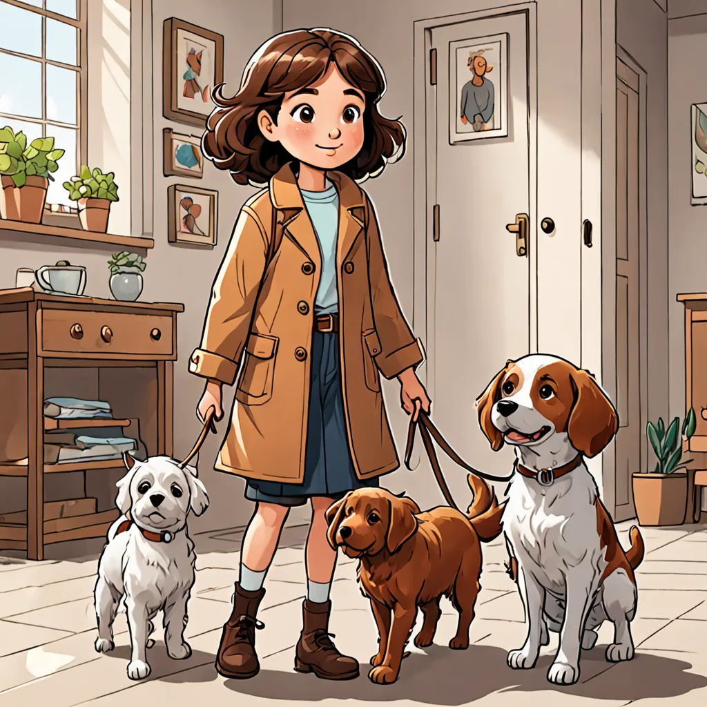 a girl in a brown coat is walking three dogs in a room with a table and a potted plant, Florence Engelbach, furry art, a comic book panel, official art