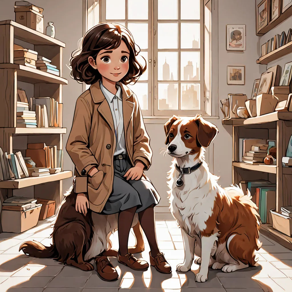 a woman sitting next to a dog in a room with a book shelf and a window on the wall, Diego Gisbert Llorens, art & language, a storybook illustration, official art