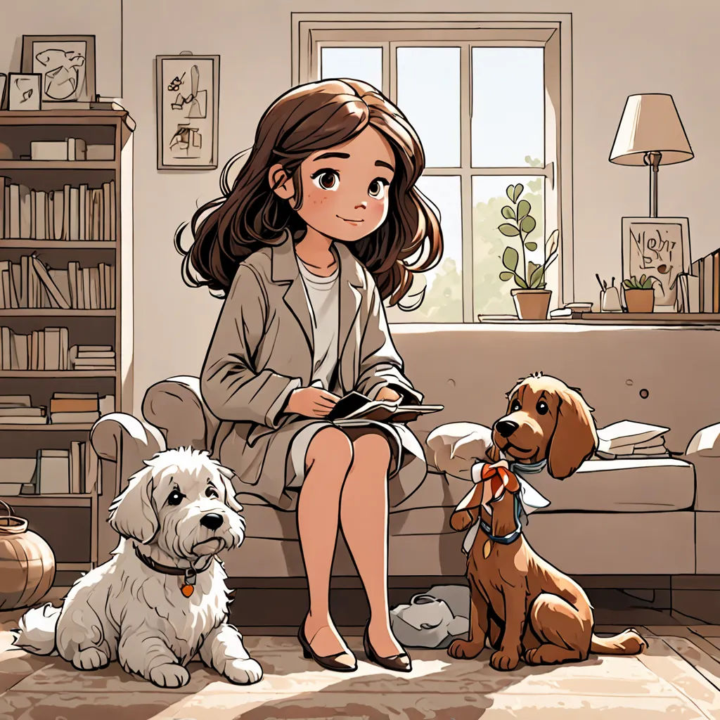 a woman sitting on a couch next to two dogs and a bookcase with a window in the background, Florence Engelbach, art & language, a storybook illustration, official art