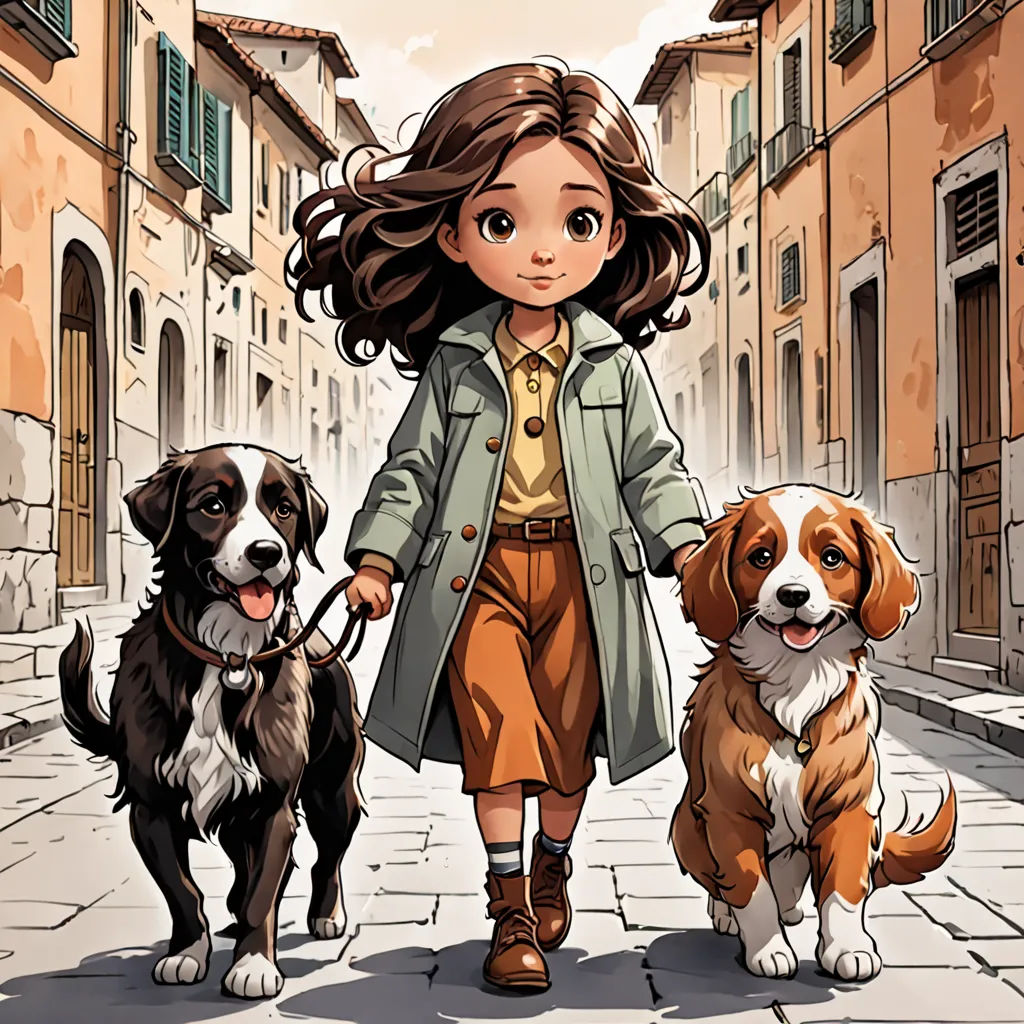 a girl walking two dogs down a street in a city with buildings and cobblestones on either side, Florence Engelbach, serial art, a comic book panel, comic cover art