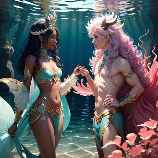 two women in mermaid costumes standing in the water with their backs to each other, with a fish in the background