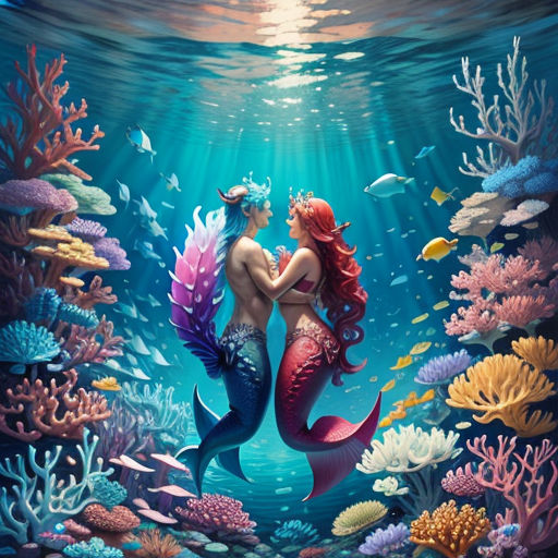 a painting of two mermaids in the ocean with corals and fish around them, with a bright blue sky