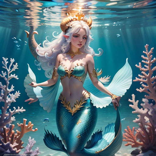 a mermaid with a crown on her head and a tail under water with corals and corals on the bottom
