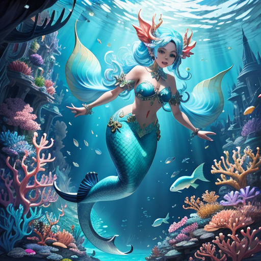 a mermaid with blue hair and a tail is swimming in the ocean with corals and other fish around her