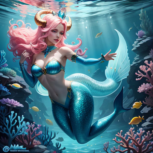 a mermaid with pink hair and a blue tail is swimming in the ocean with corals and other marine life