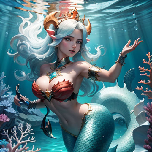 a mermaid with a crown on her head and a tail is standing in the water with a fish tail