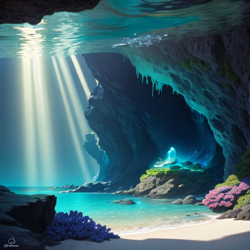 a cave with a light coming from the ceiling and a blue ocean below it with a light beam coming from the ceiling