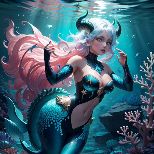 a mermaid with long hair and a blue tail is standing under water with corals and corals around her