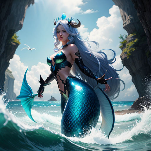 a beautiful woman in a blue mermaid costume holding a fish in the ocean with a rock formation in the background