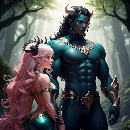 a man and a woman in a forest with horns on their heads and horns on their heads, one of them is wearing a costume