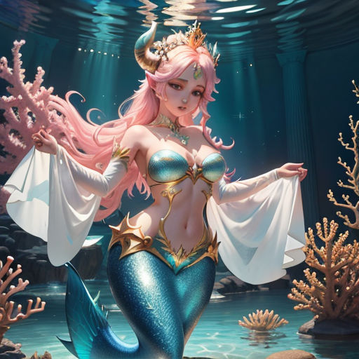a mermaid with pink hair and a crown on her head is standing in the water with her arms outstretched
