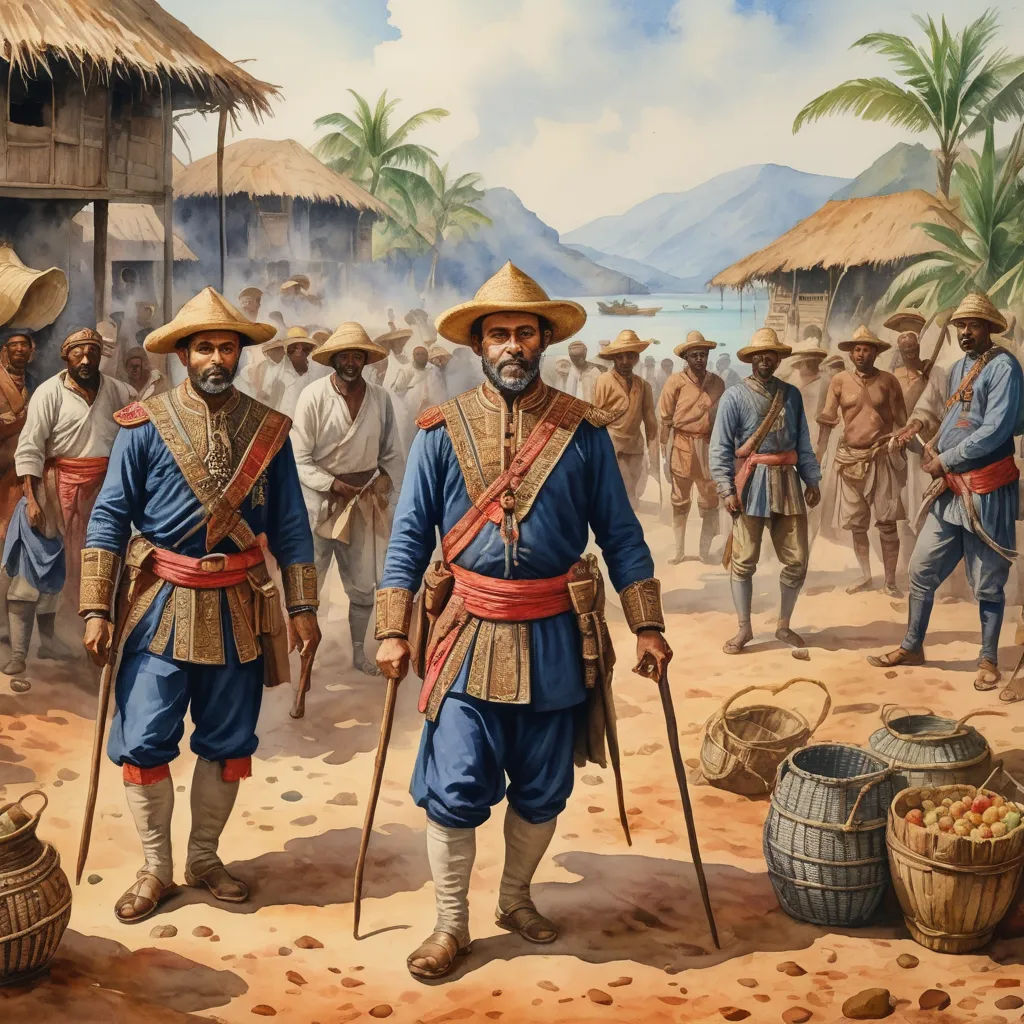 a painting of a man in a blue outfit and a man in a straw hat standing in front of a group of men, sumatraism, an illustration of, Ding Guanpeng, phuoc quan