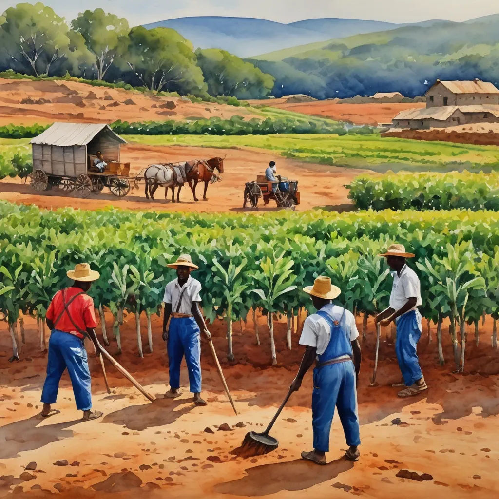 a painting of a group of people working in a field with horses and a farmer in the background with a horse drawn cart, american scene painting, an ultrafine detailed painting, Ernie Barnes, public works mural