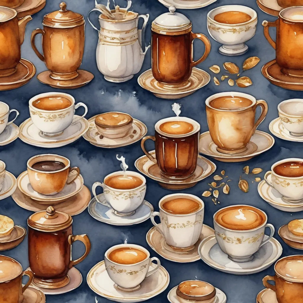 a painting of coffee cups and saucers with nuts on them and a blue background with a pattern of coffee cups and saucers, folk art, a detailed painting, Chris LaBrooy, highly detailed digital painting