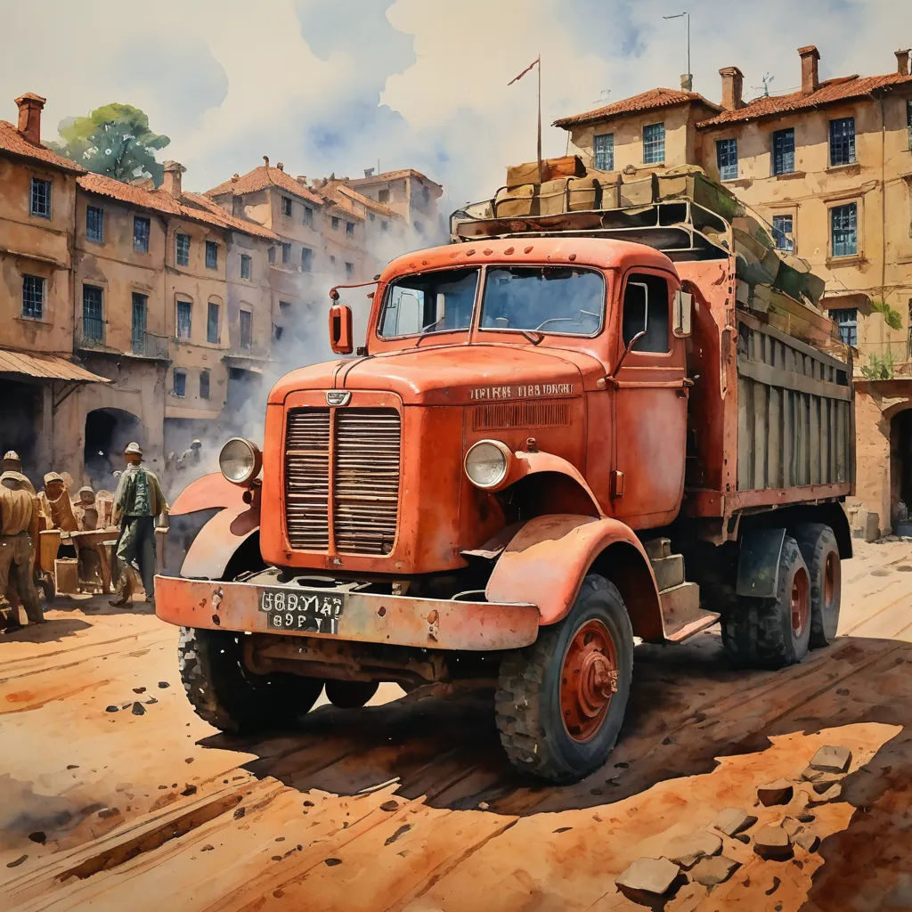 a painting of a truck parked in a street with people standing around it and buildings in the background and a few people standing around, fantastic realism, a detailed matte painting, Eppo Doeve, matte drawing