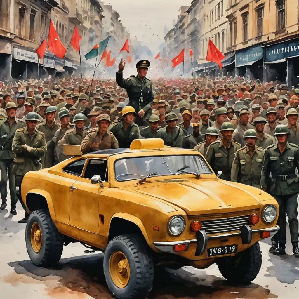 a painting of a military parade with a man on top of a car in front of a crowd of men, socialist realism, an ultrafine detailed painting, Andrey Yefimovich Martynov, 1 9 7 0 s