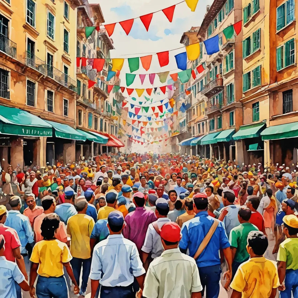 a painting of a crowd of people walking down a street in a city with flags hanging above them and buildings, photorealism, a photorealistic painting, Brothers Hildebrandt, highly detailed digital painting