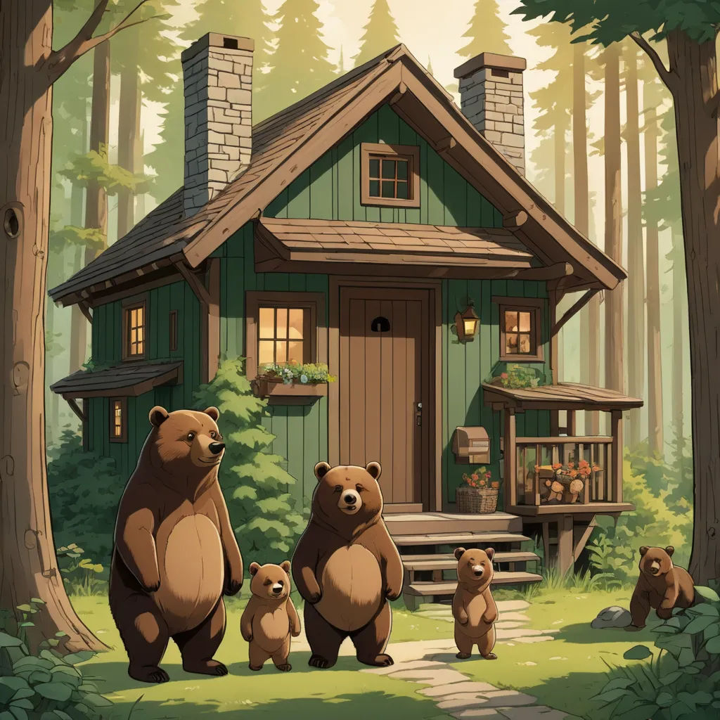 a family of bears standing in front of a cabin in the woods with a porch and a porch with a porch, furry art, a storybook illustration, Chris LaBrooy, storybook illustration