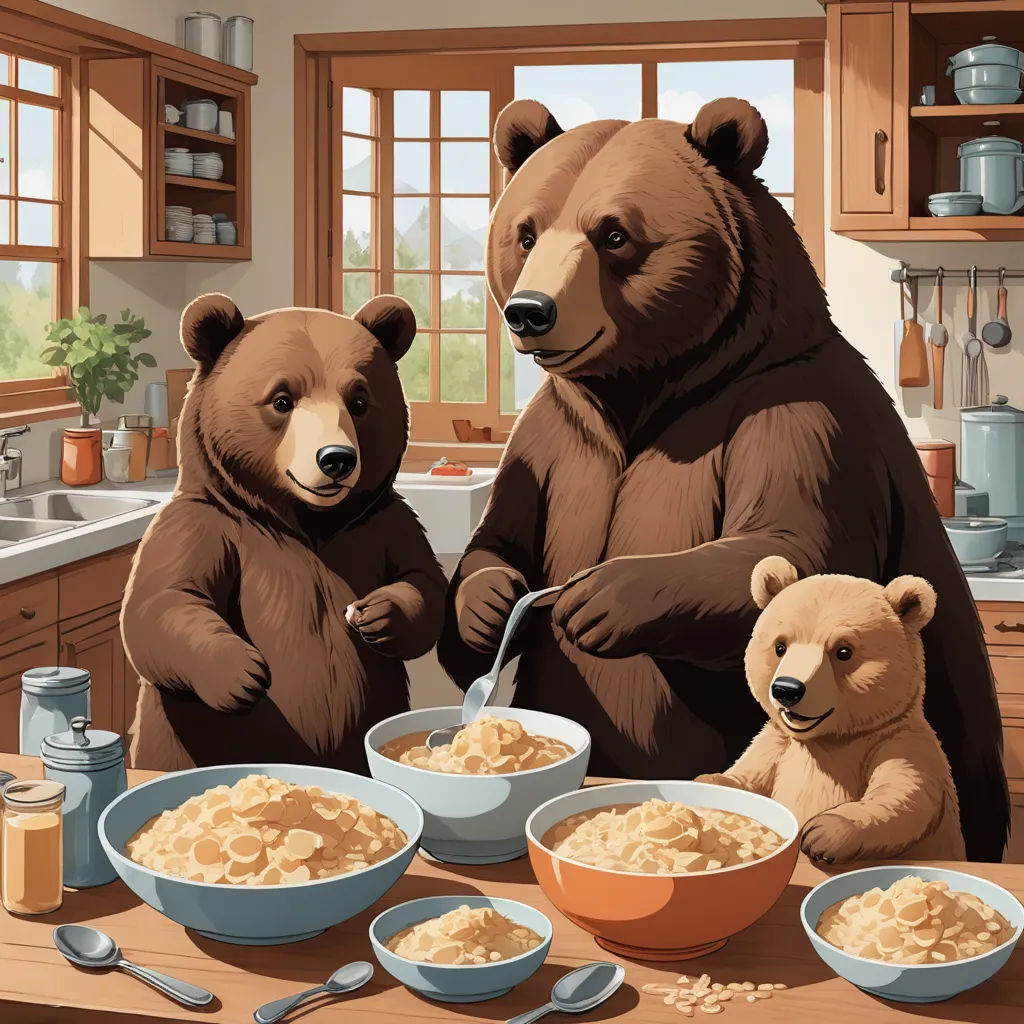 a couple of bears standing in front of a table with bowls of food and bowls of cereal on it, furry art, a storybook illustration, Chris LaBrooy, highly detailed digital art