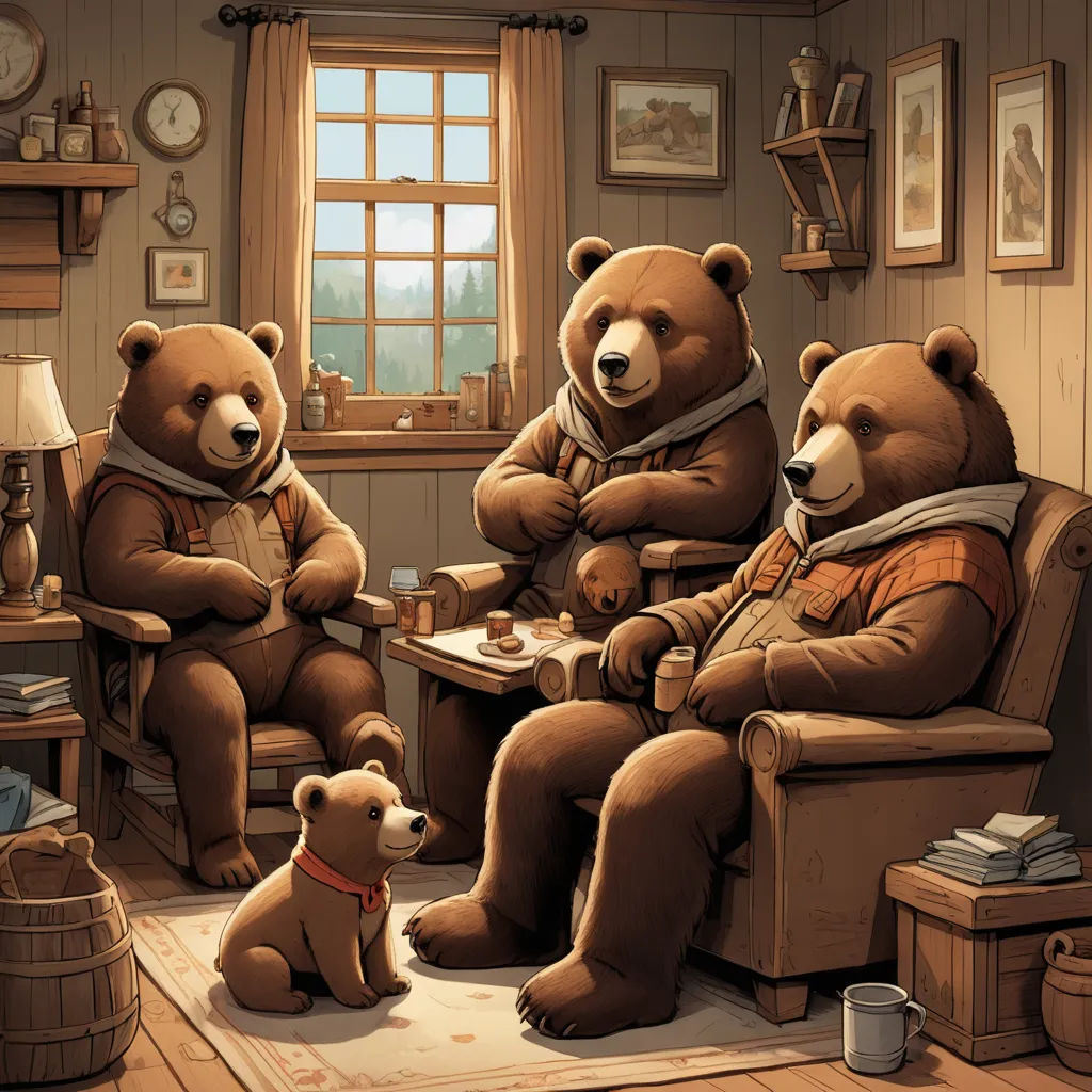 a couple of bears sitting in a living room next to a dog and a cat on a rug on the floor, furry art, a storybook illustration, Chris LaBrooy, official art