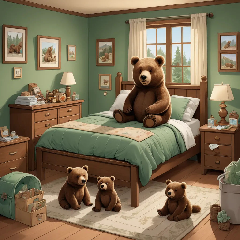 a teddy bear sitting on a bed in a bedroom with other teddy bears around it and a dresser with a mirror, furry art, a storybook illustration, Chris LaBrooy, kinkade