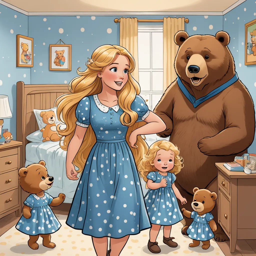 a woman in a blue dress standing next to a bear and two little girls in a blue dress and a teddy bear, furry art, a storybook illustration, disney, official art