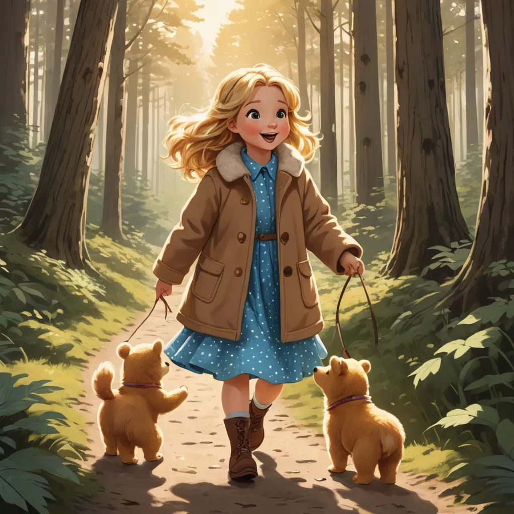 a little girl walking two little dogs in the woods on a path in the woods with trees and grass, process art, a storybook illustration, Esther Blaikie MacKinnon, official art