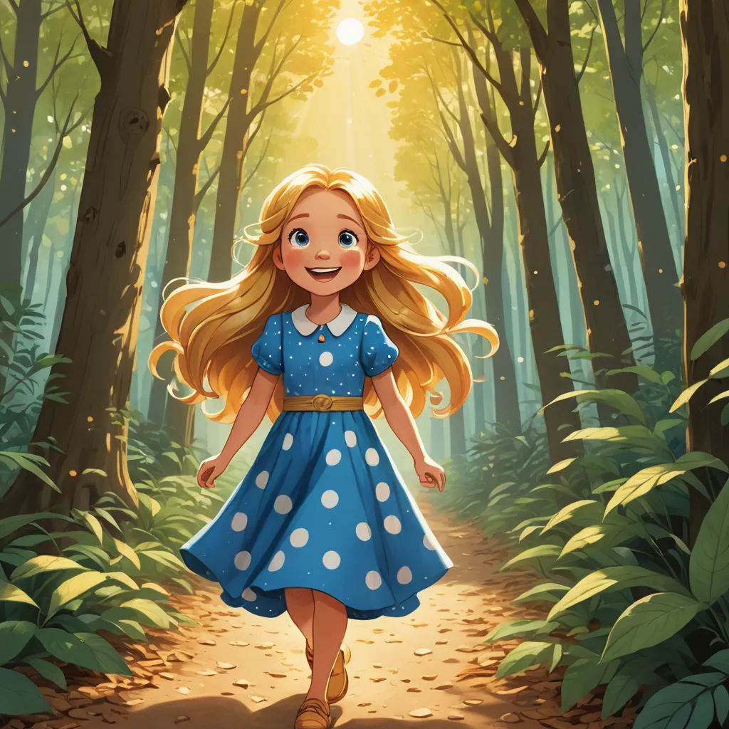 a cartoon girl walking through a forest with a sun shining through the trees behind her and a trail leading to the woods, fantasy art, a storybook illustration, Alice Prin, rossdraws global illumination