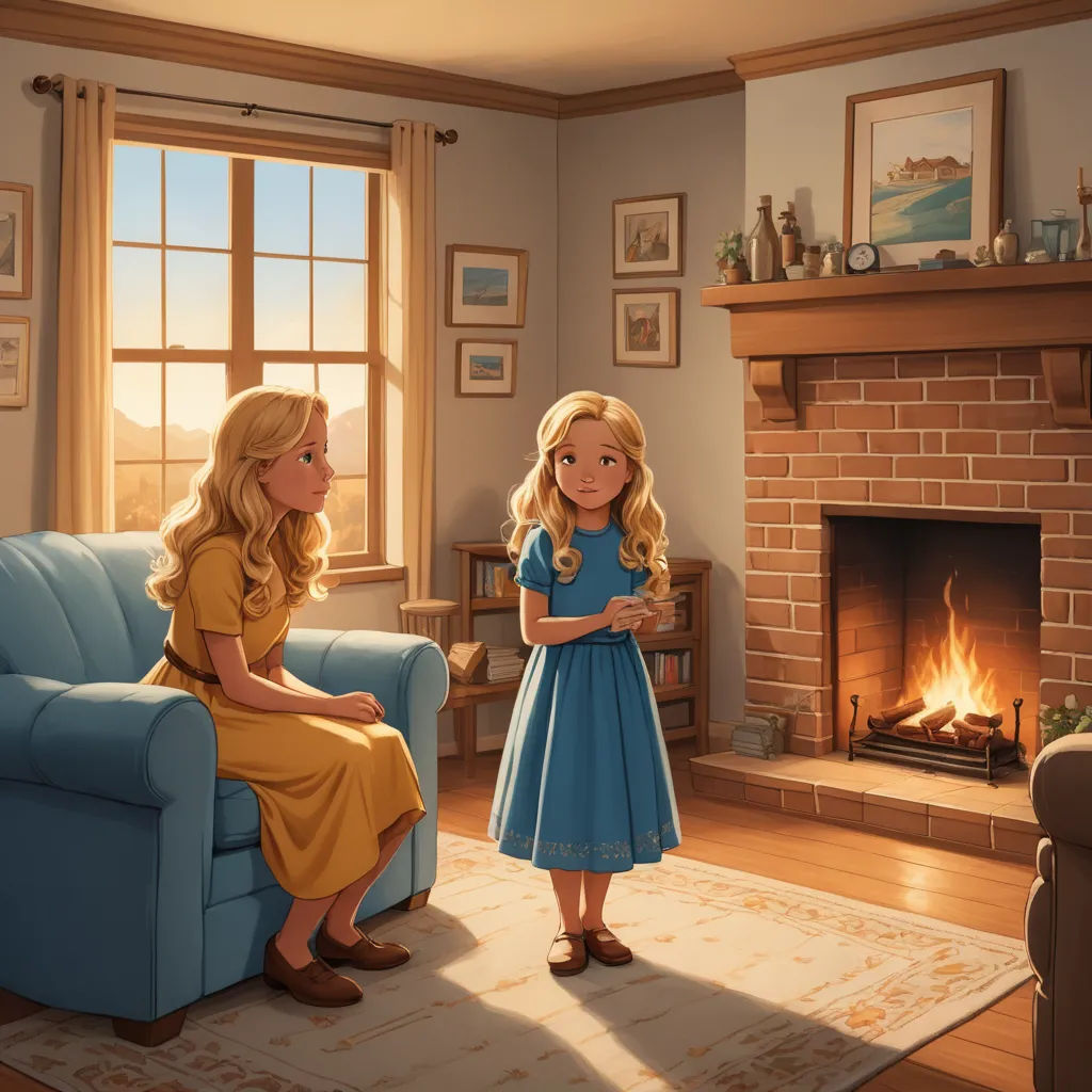 a girl in a blue dress standing next to a girl in a yellow dress in a living room with a fireplace, american scene painting, a storybook illustration, Evgeny Lushpin, storybook illustration
