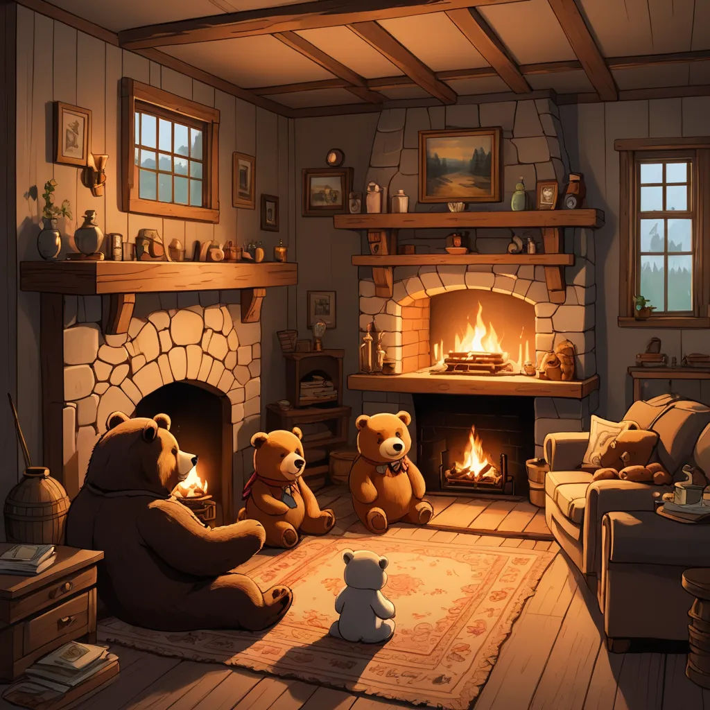 a living room with a fireplace and teddy bears sitting on the floor in front of it and a fire place, fantasy art, a storybook illustration, Evgeny Lushpin, kinkade