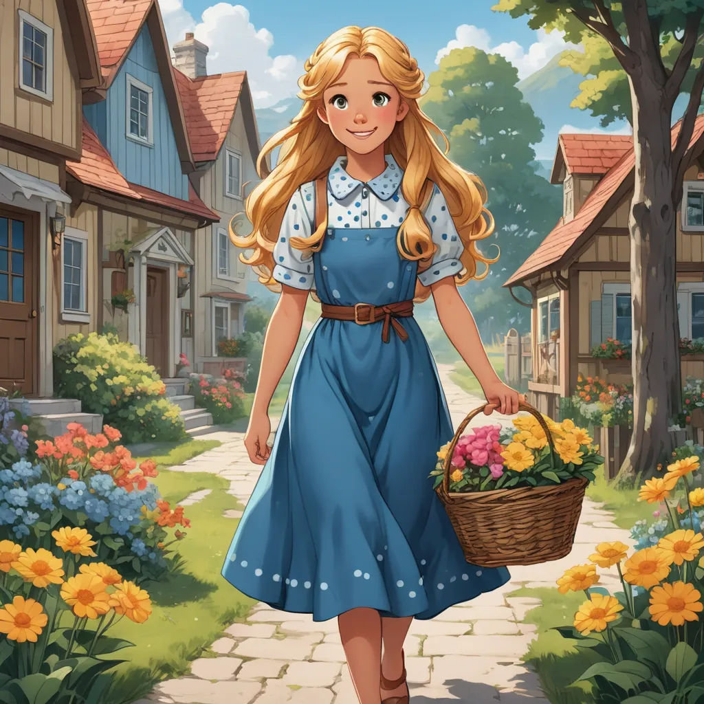 a girl in a blue dress carrying a basket of flowers in a village street with houses and flowers in the background, american scene painting, a storybook illustration, Anne Said, official art