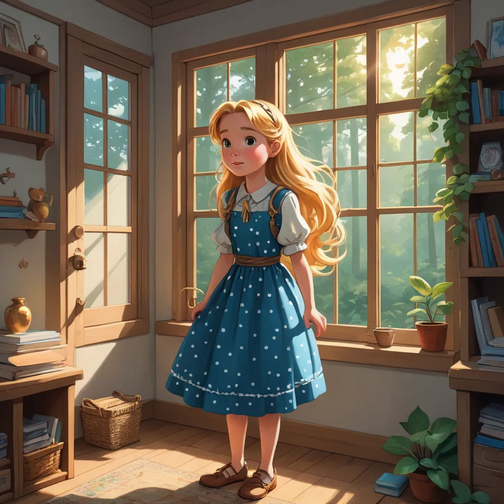 a painting of a girl standing in front of a window in a room with a bookcase and books, magic realism, a storybook illustration, Alice Prin, rossdraws global illumination