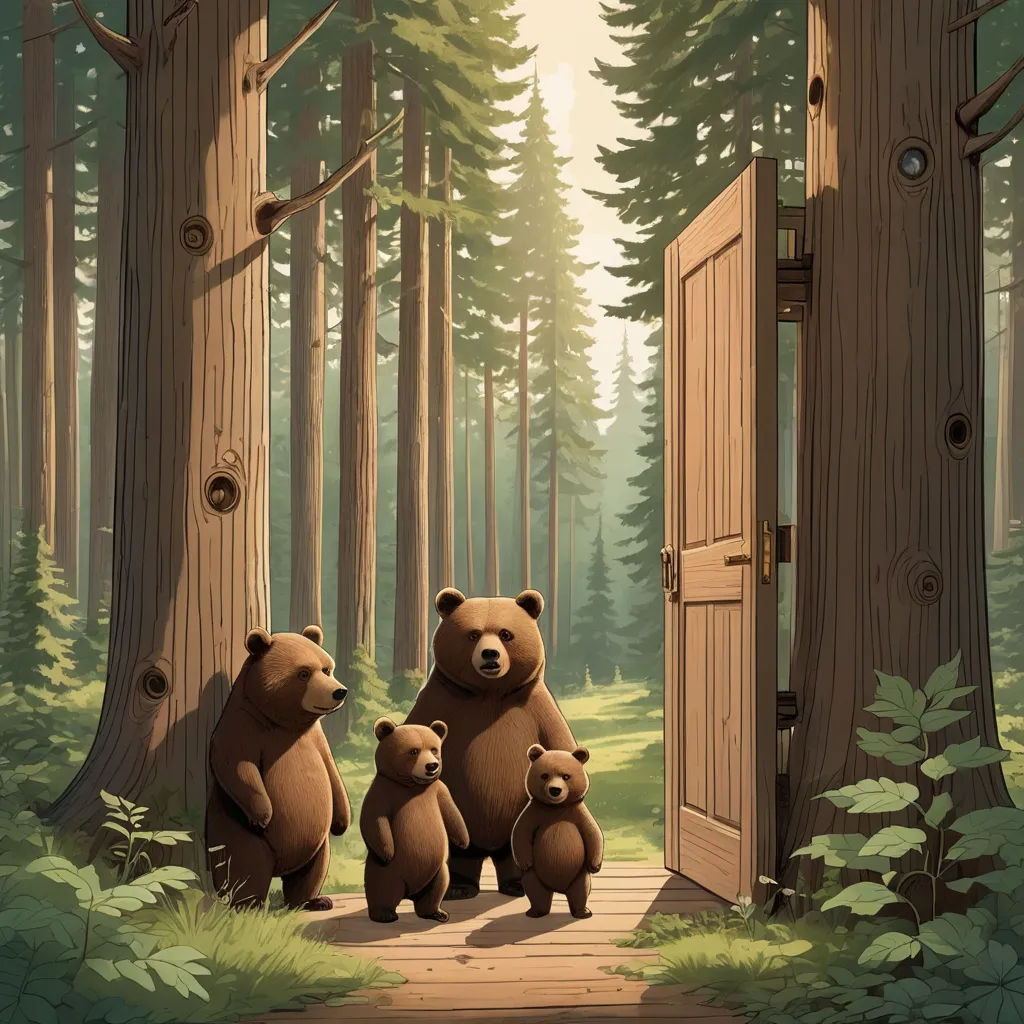 a family of bears standing in front of a doorway in a forest with trees and grass on either side, furry art, a storybook illustration, Chris LaBrooy, storybook illustration