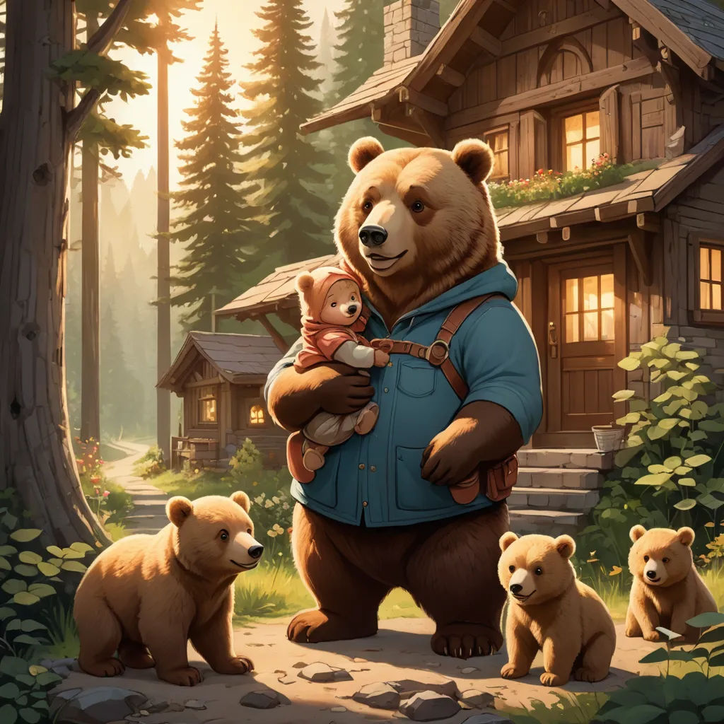 a bear holding a baby in a forest with other bears around it and a cabin in the background with a woman holding a baby, furry art, a storybook illustration, Chris LaBrooy, kinkade