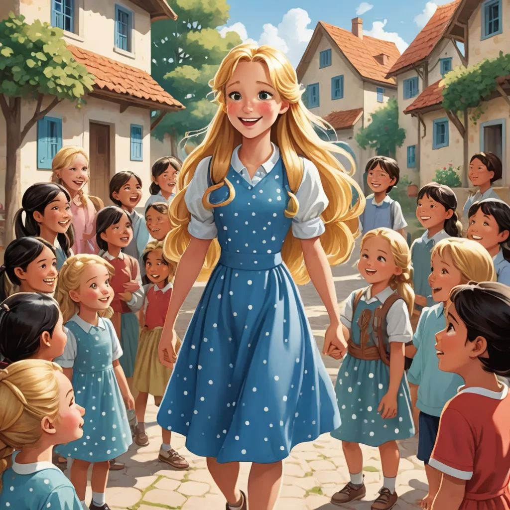 a cartoon of a girl in a blue dress surrounded by children in a village with a red roof and a red roof, american scene painting, a storybook illustration, disney, official art