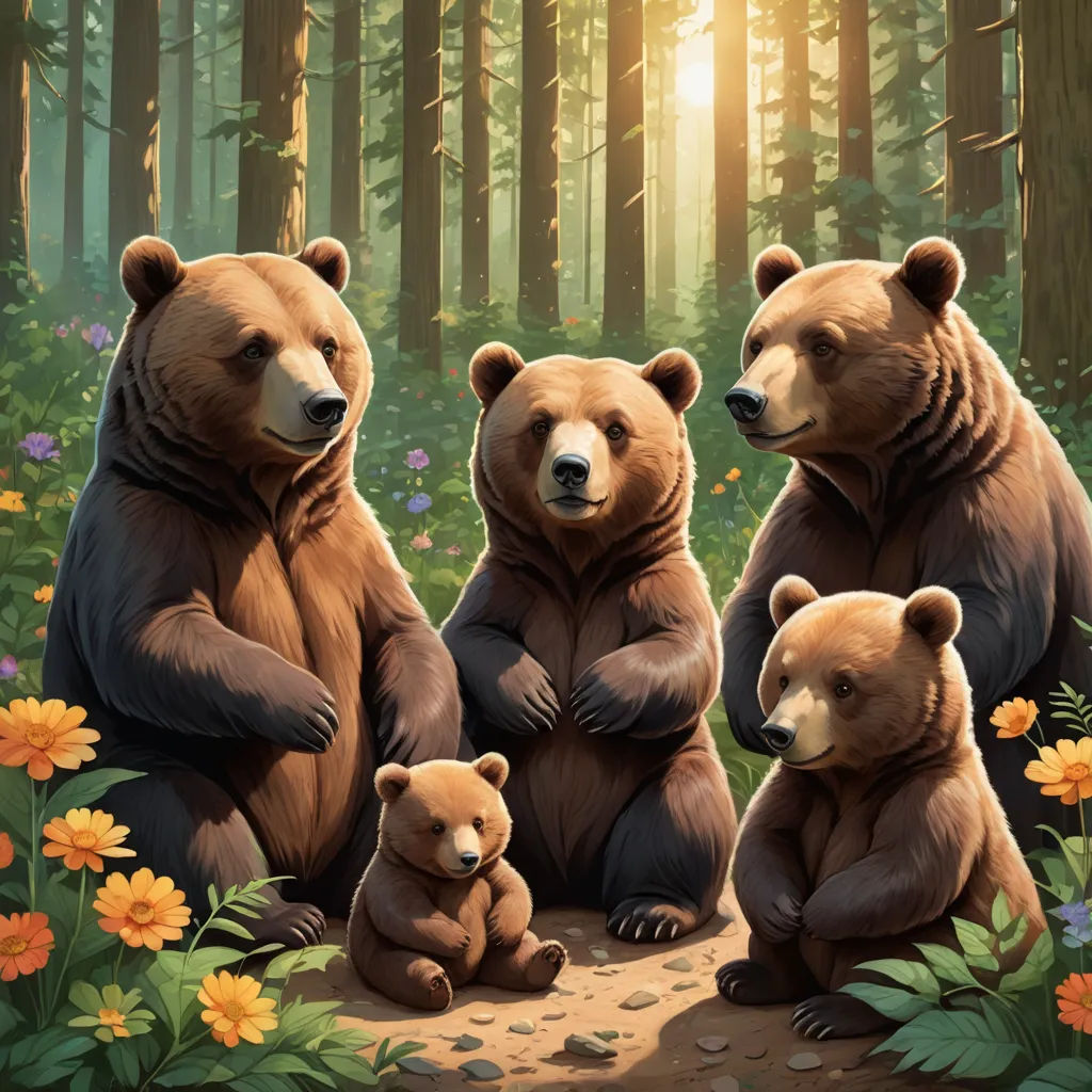 a group of bears sitting in the middle of a forest with flowers and trees around them, with the sun shining through the trees, furry art, a painting, Chris LaBrooy, official art