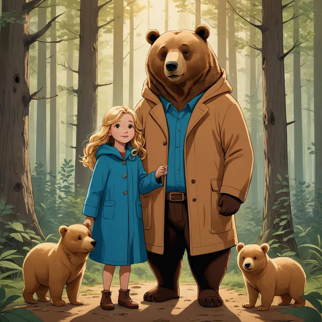a girl standing next to a giant bear in a forest with two smaller bears behind her and a man in a blue coat, furry art, a storybook illustration, Aaron Jasinski, official art