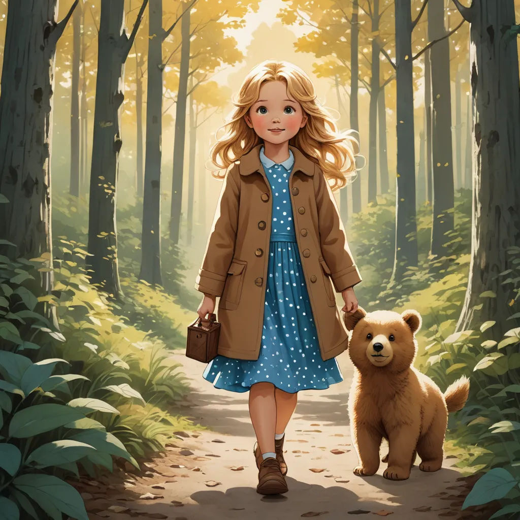 a painting of a girl walking with a bear in a forest with sunlight coming through the trees and leaves, american scene painting, a storybook illustration, Bob Byerley, official art